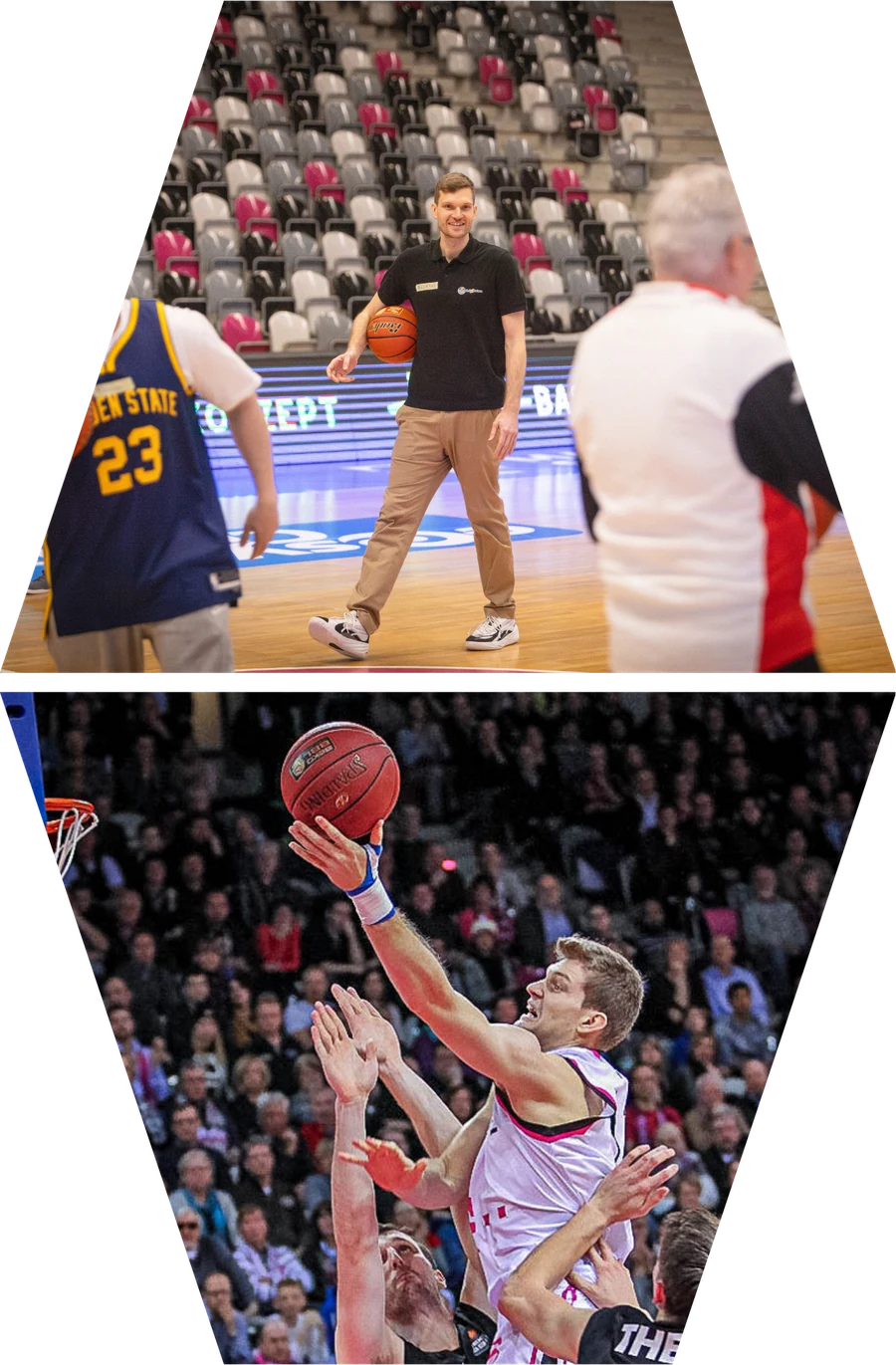 Florian Koch beim Coaching auf dem Court und als Profi-Basketballer in Aktion